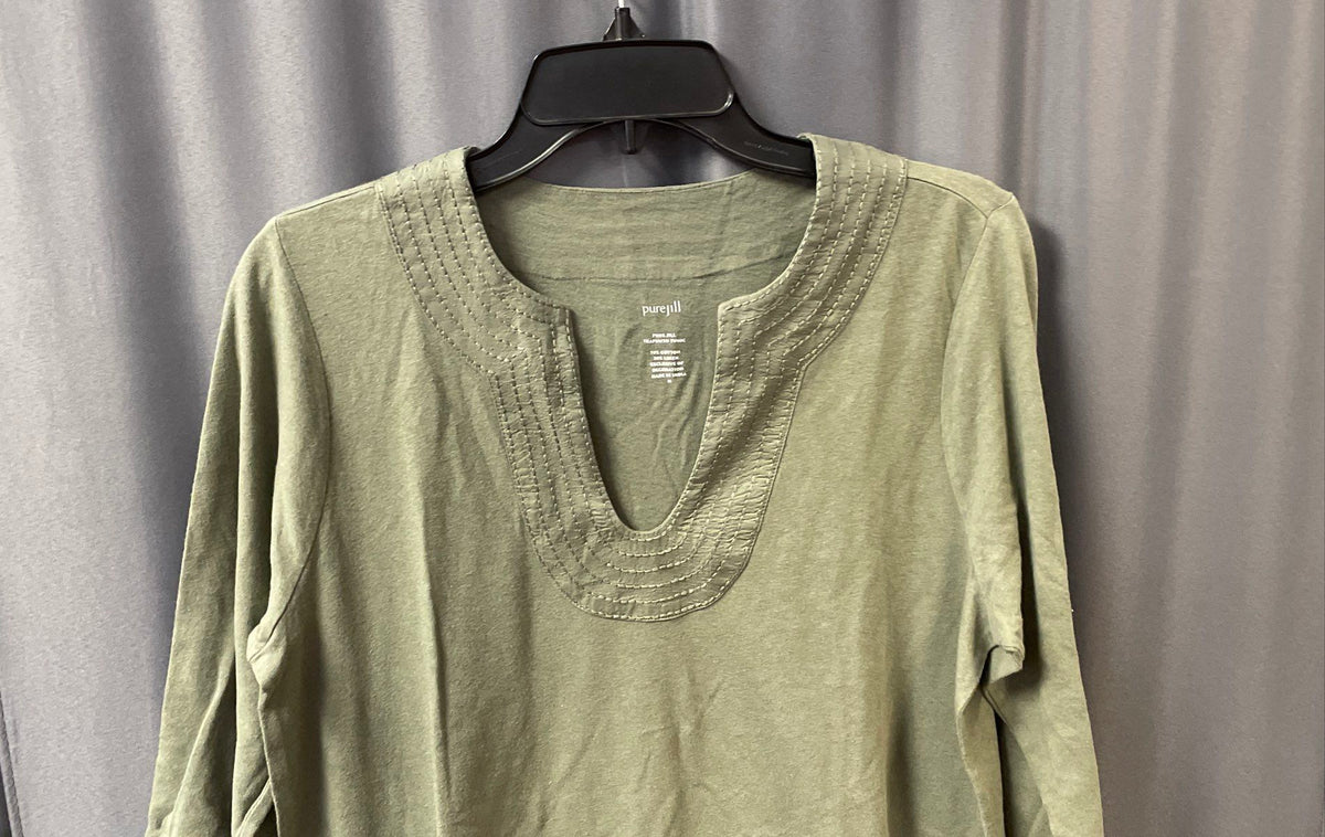 Pure Jill Women's Trapunto Tunic Green Cotton Linen 3/4 Sleeve NWT Sz M