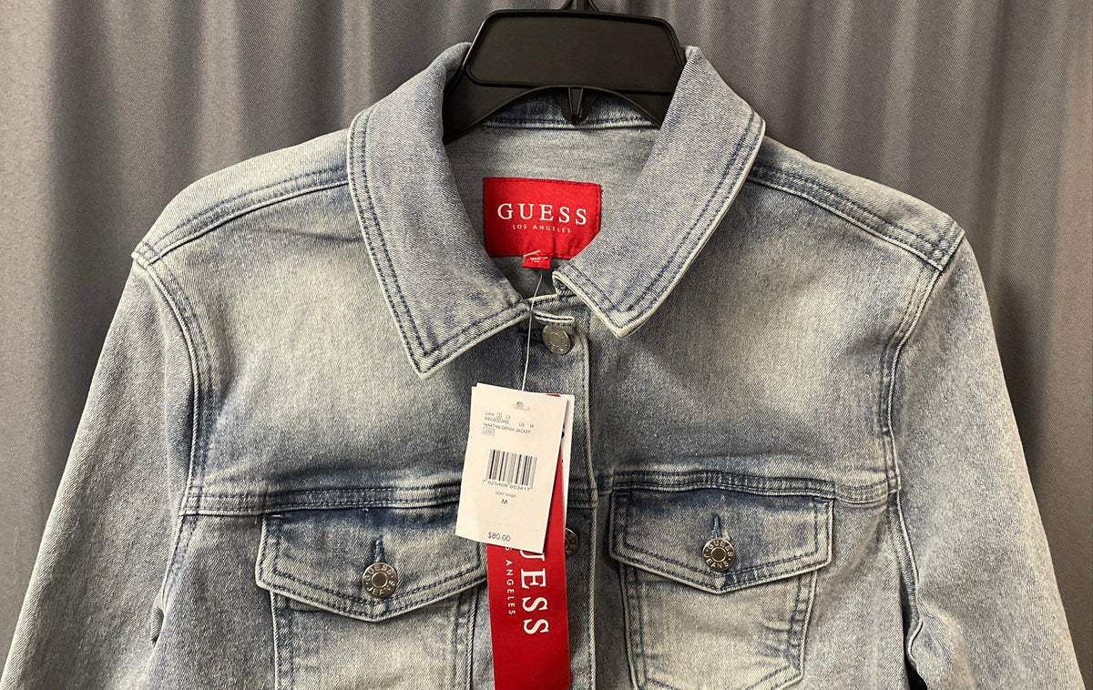 Guess Women's Martha Denim Jacket Light Cropped Raw Hem Back Graphic Sz M NWT