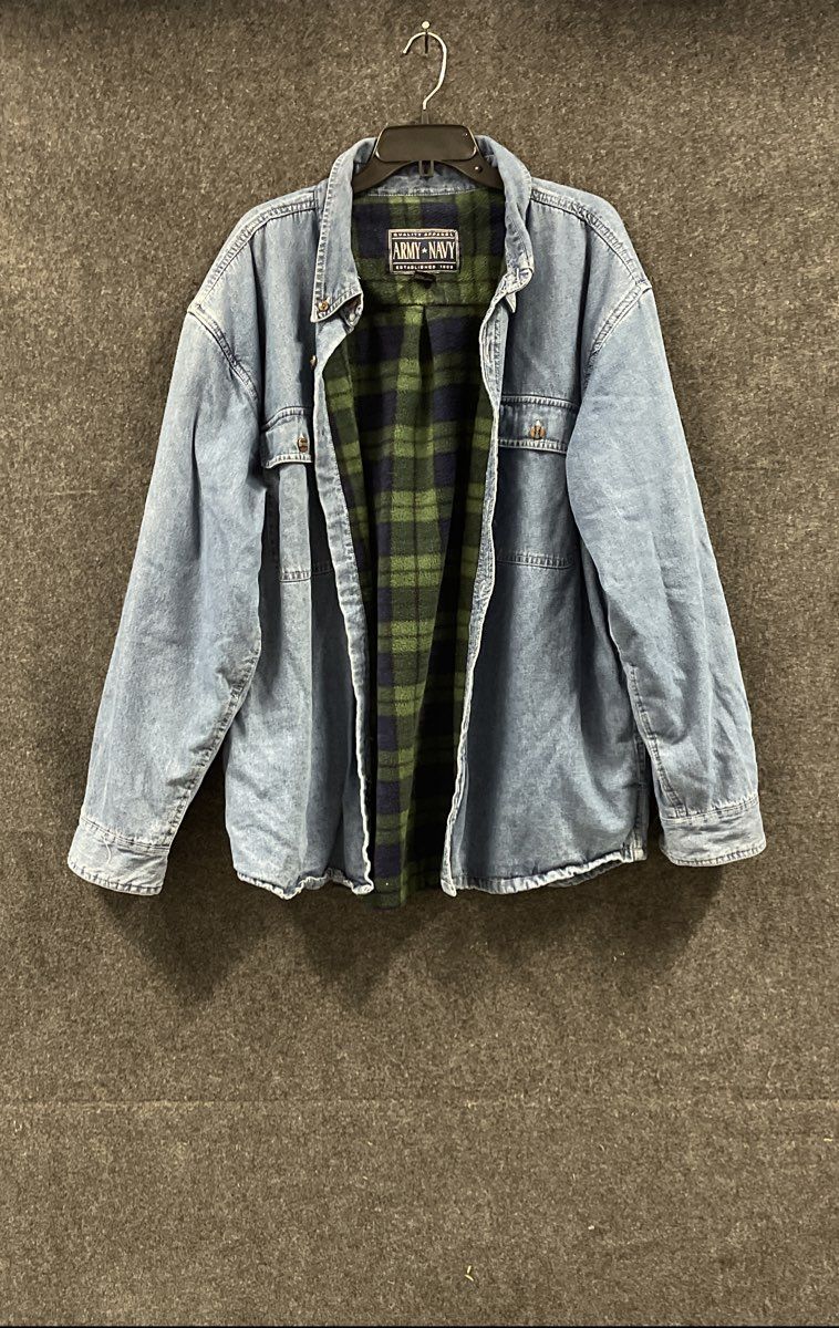 Army Navy Men's Blue Fleece Lined Plaid Denim Shirt Jacket Vintage Y2K Sz 2XL