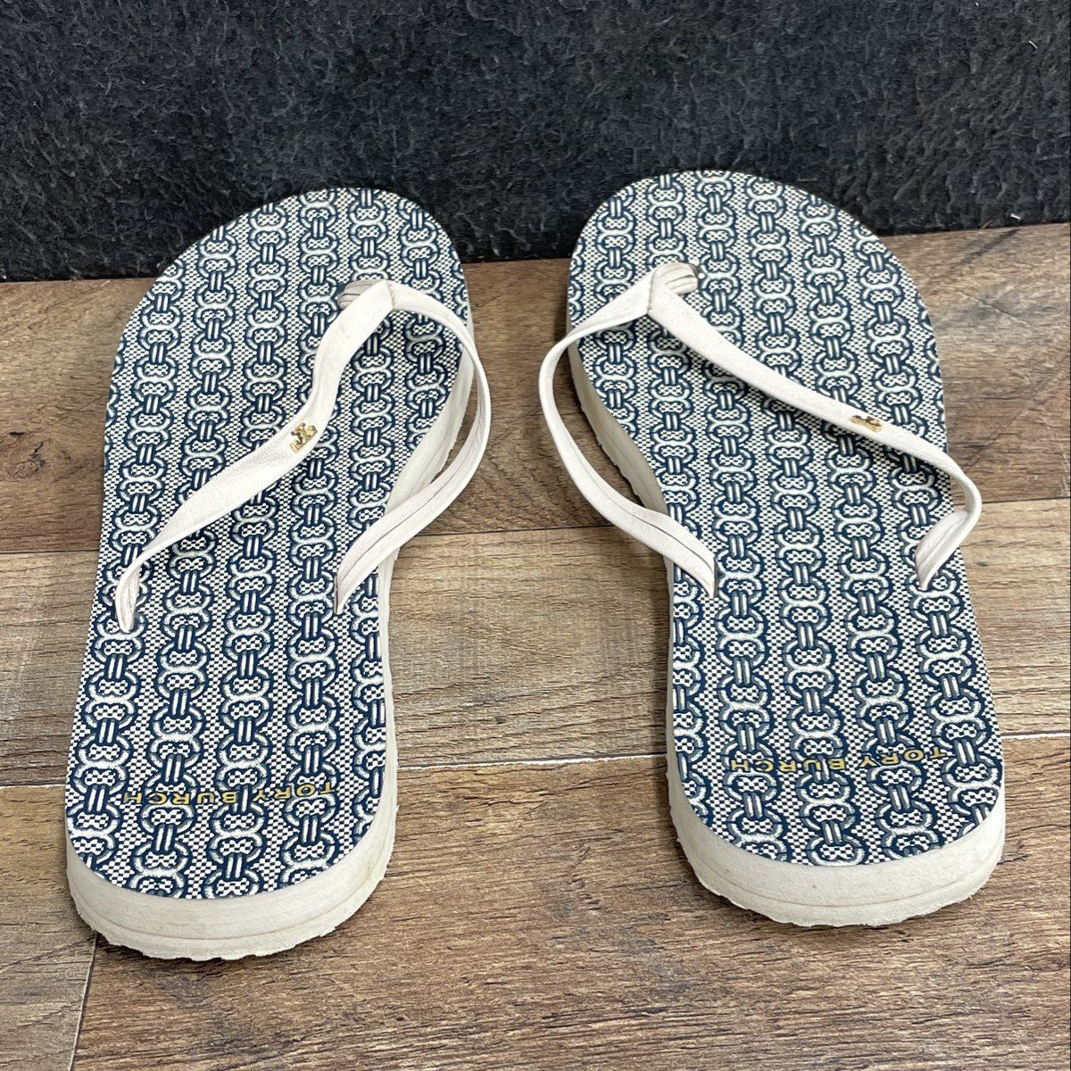 Tory Burch Gemini Link Thin Flip Flops Blue White Sandals Women's Size 8