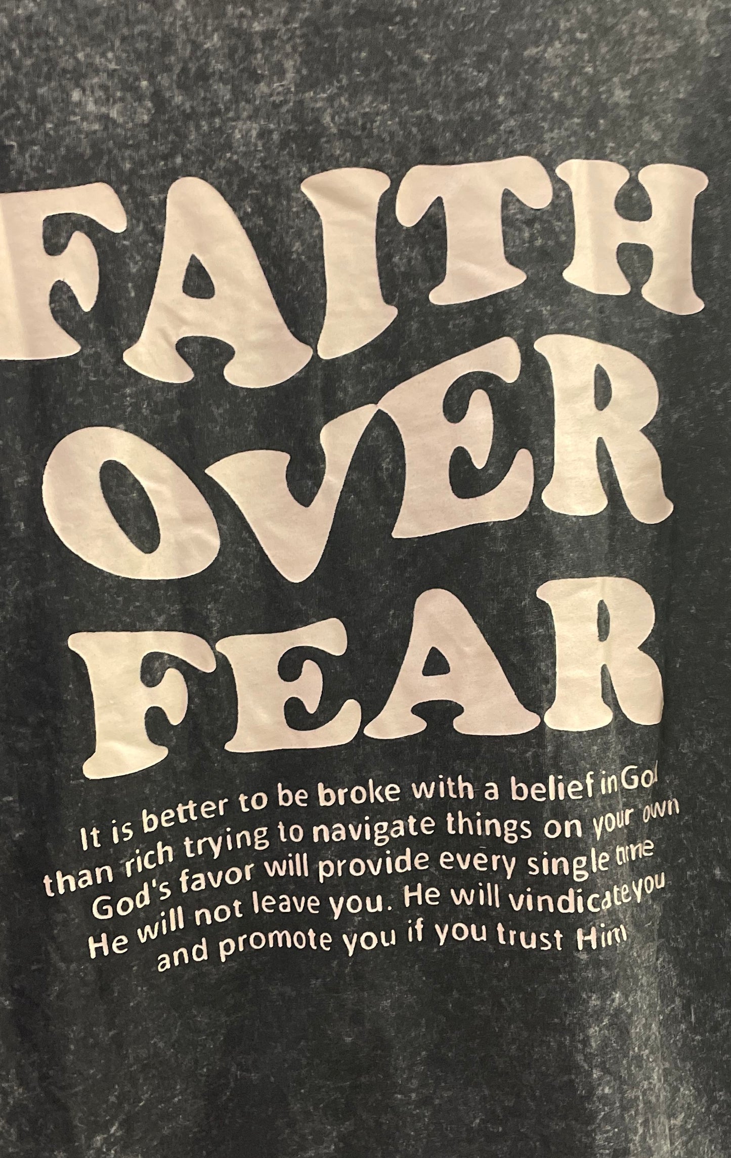 Faith Over Fear Men's Acid Wash Black Christian Graphic T-Shirt Religious Sz M
