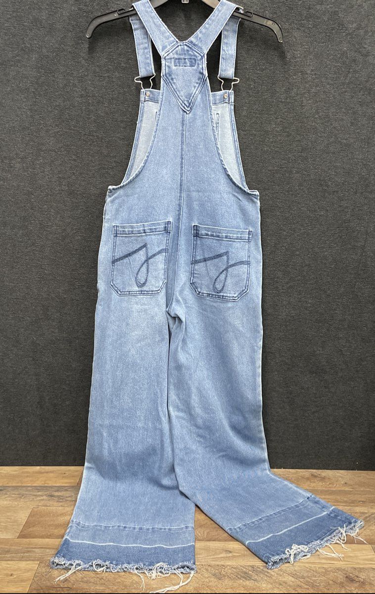 Juicy Couture Women's Light Wash Denim Wide Leg Raw Hem Overalls Sz XS