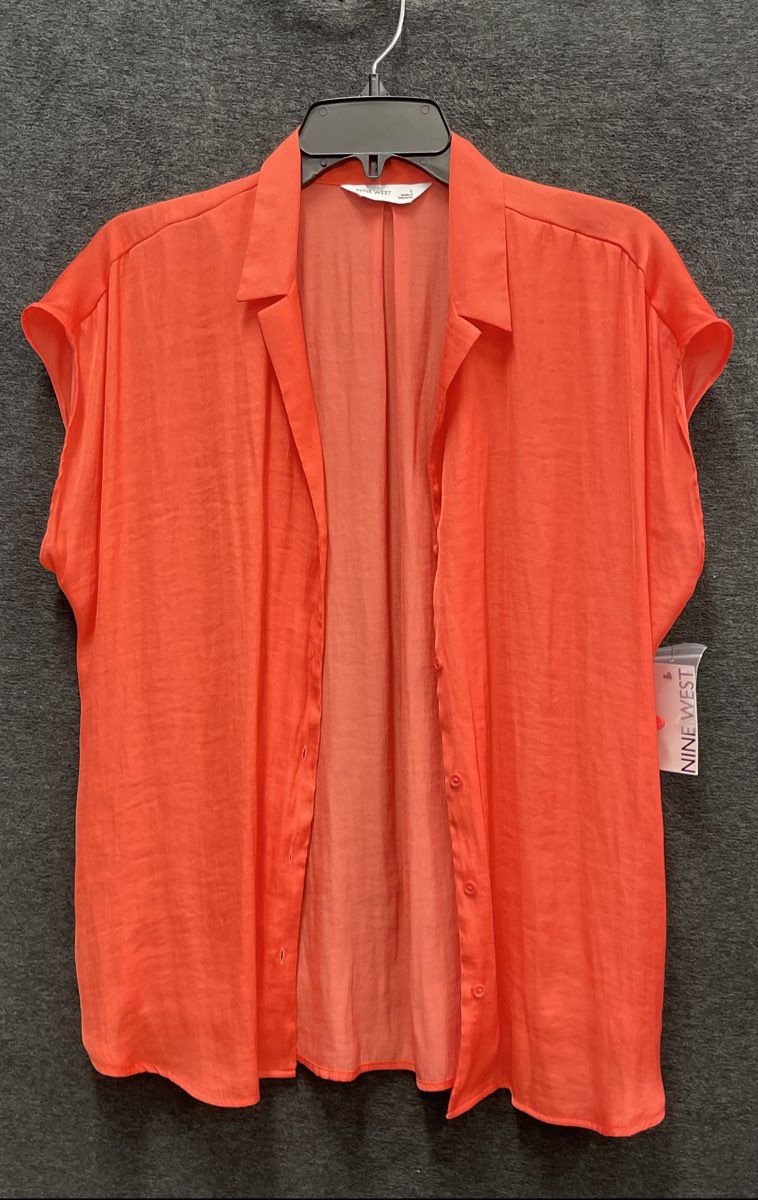 Nine West Women's Coral Orange Textured Short Sleeve Button Down Blouse Sz L NWT