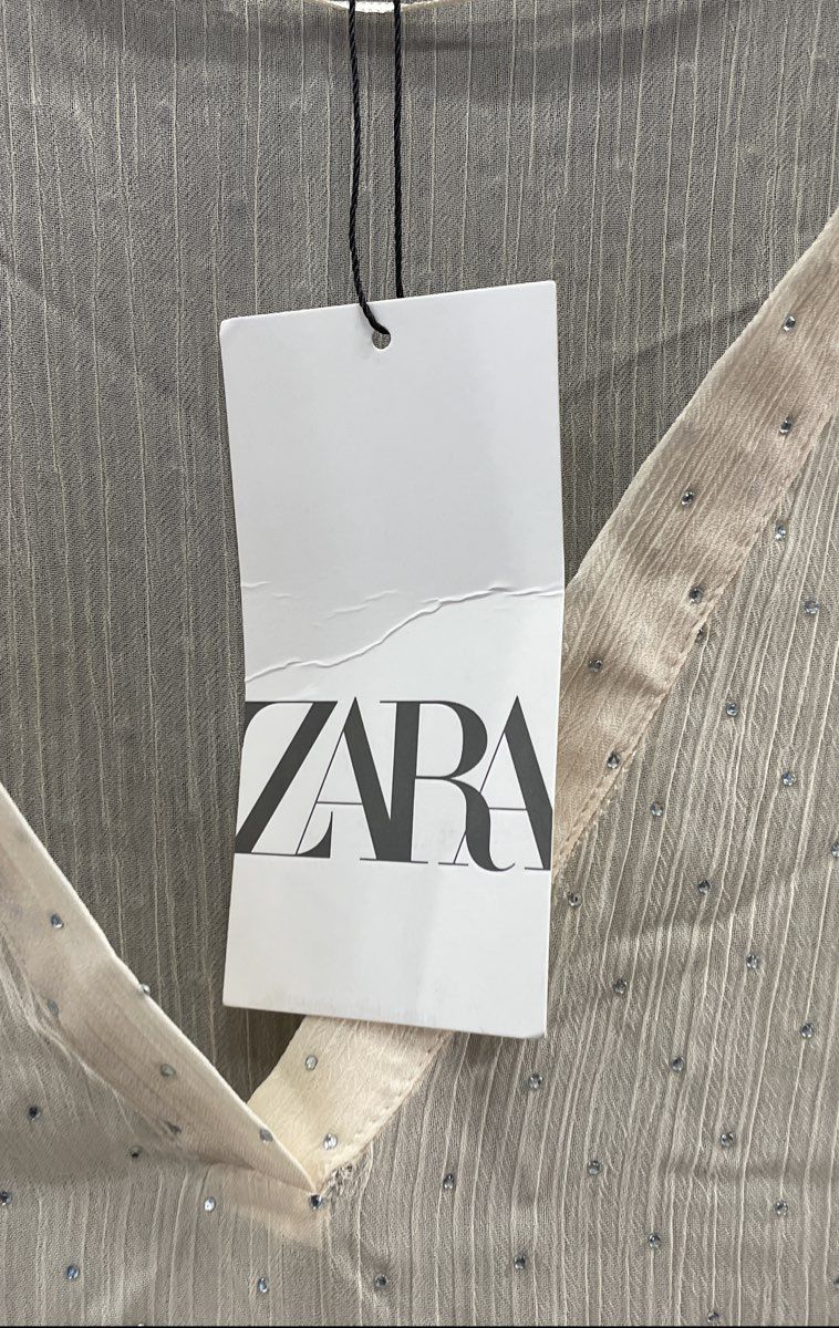 Zara Women's Tan V-Neck Sheer Rhinestone Embellished Blouse Top Sz XL NWT