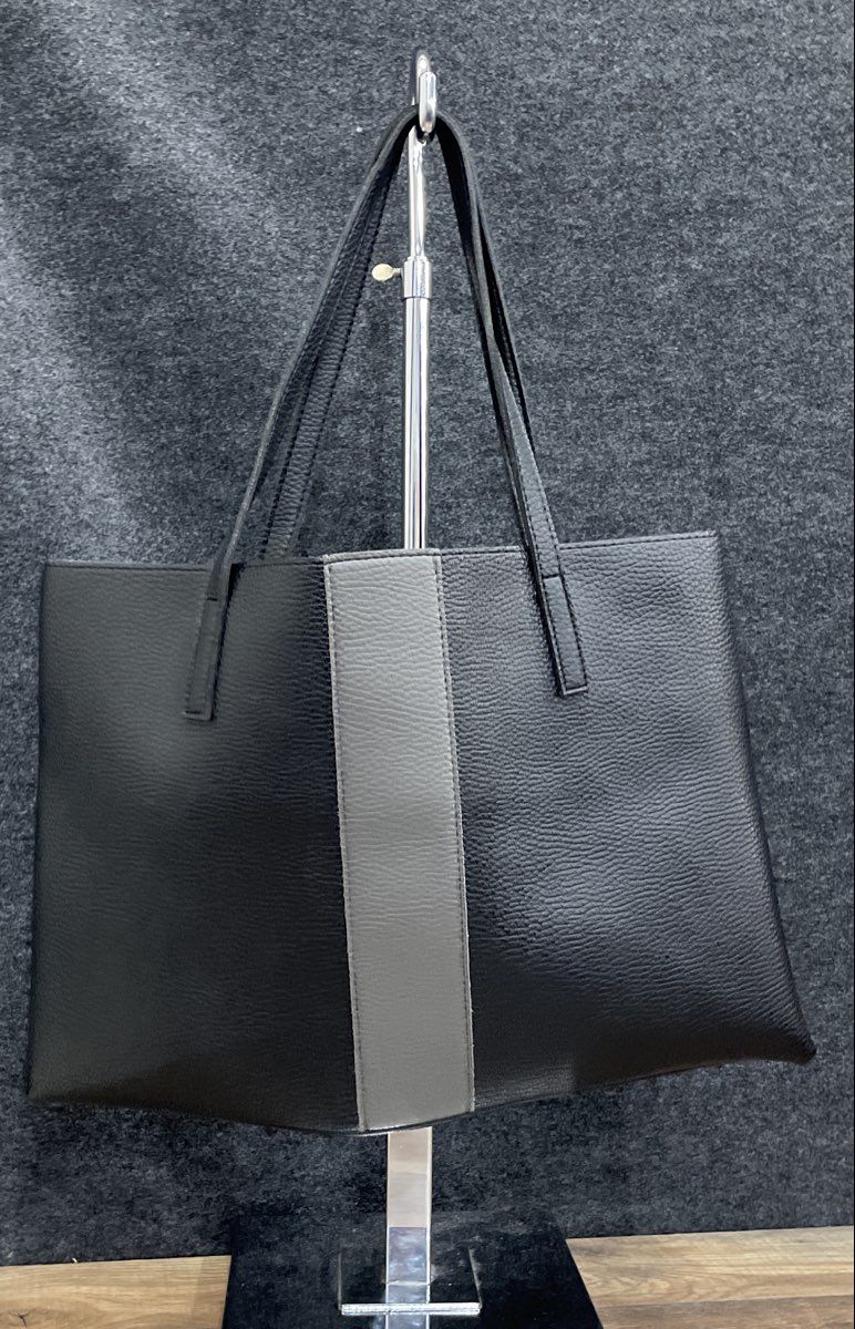 Vince Camuto Black Pebbled Leather Grey Stripe Tote Bag Large