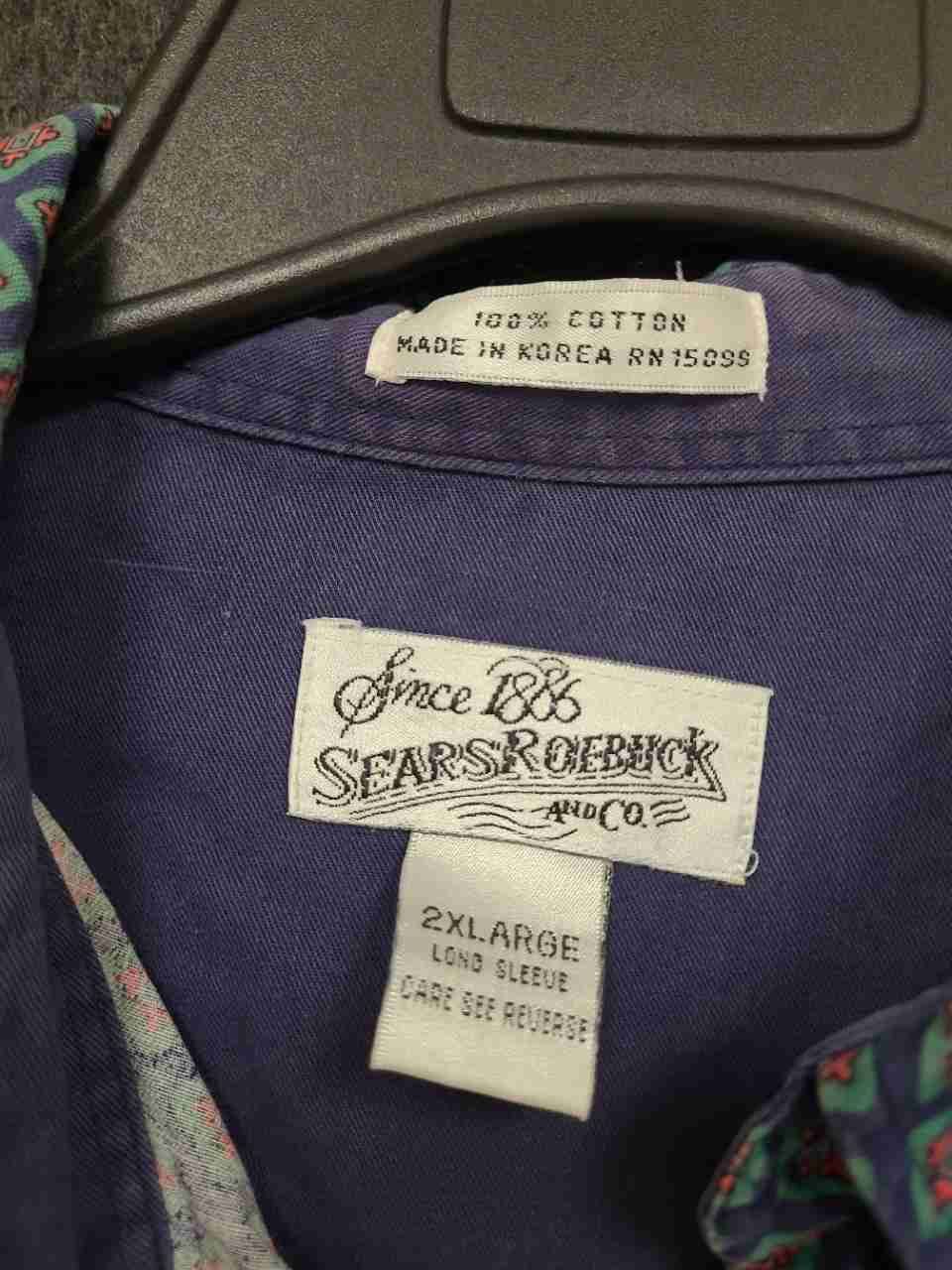 Vintage 90s Sears Roebuck Men's Blue Geometric Diamond Print Cotton Shirt 2XL