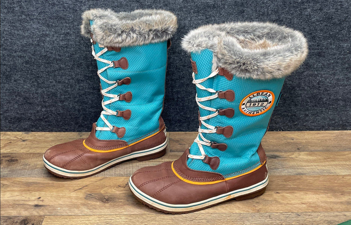 LL Bean Wildcat Boots Teal Brown Waterproof Faux Fur Snow Boots Women's Size 10