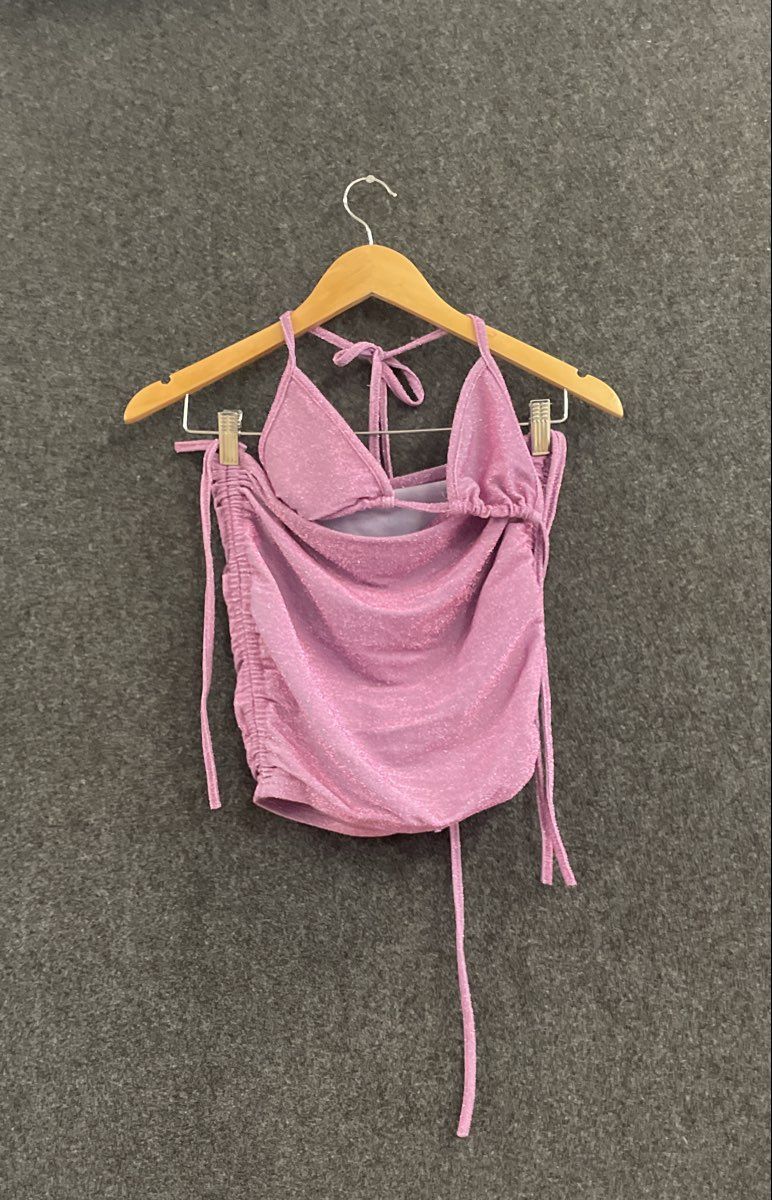 Sorelle UK 3-Pc Set Pink Glitter Shrug Halter Top Ruched Skirt Sz XS NWT