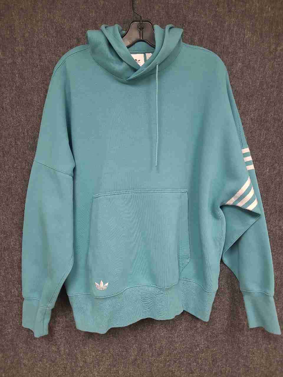 Adidas Originals Men's Teal Trefoil Logo Pullover Hoodie Sleeve Stripes Sz M