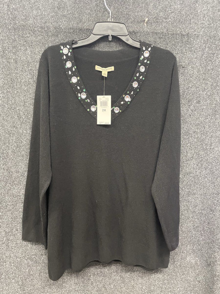 Carolyn Taylor Women's Black Beaded V-Neck Pullover Sweater NWT Sz 2X