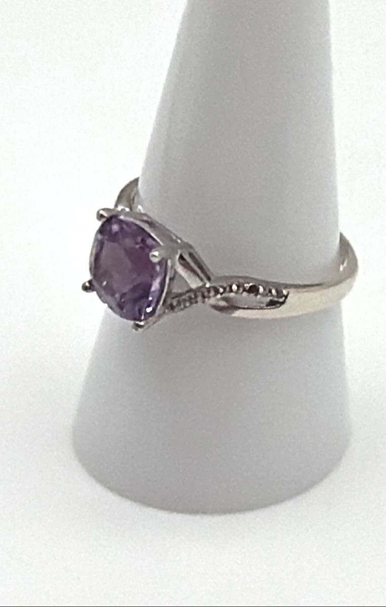 925 Sterling Silver Cushion-Cut Amethyst W/ CZ Accents Ring *Missing Stone* 2.5g