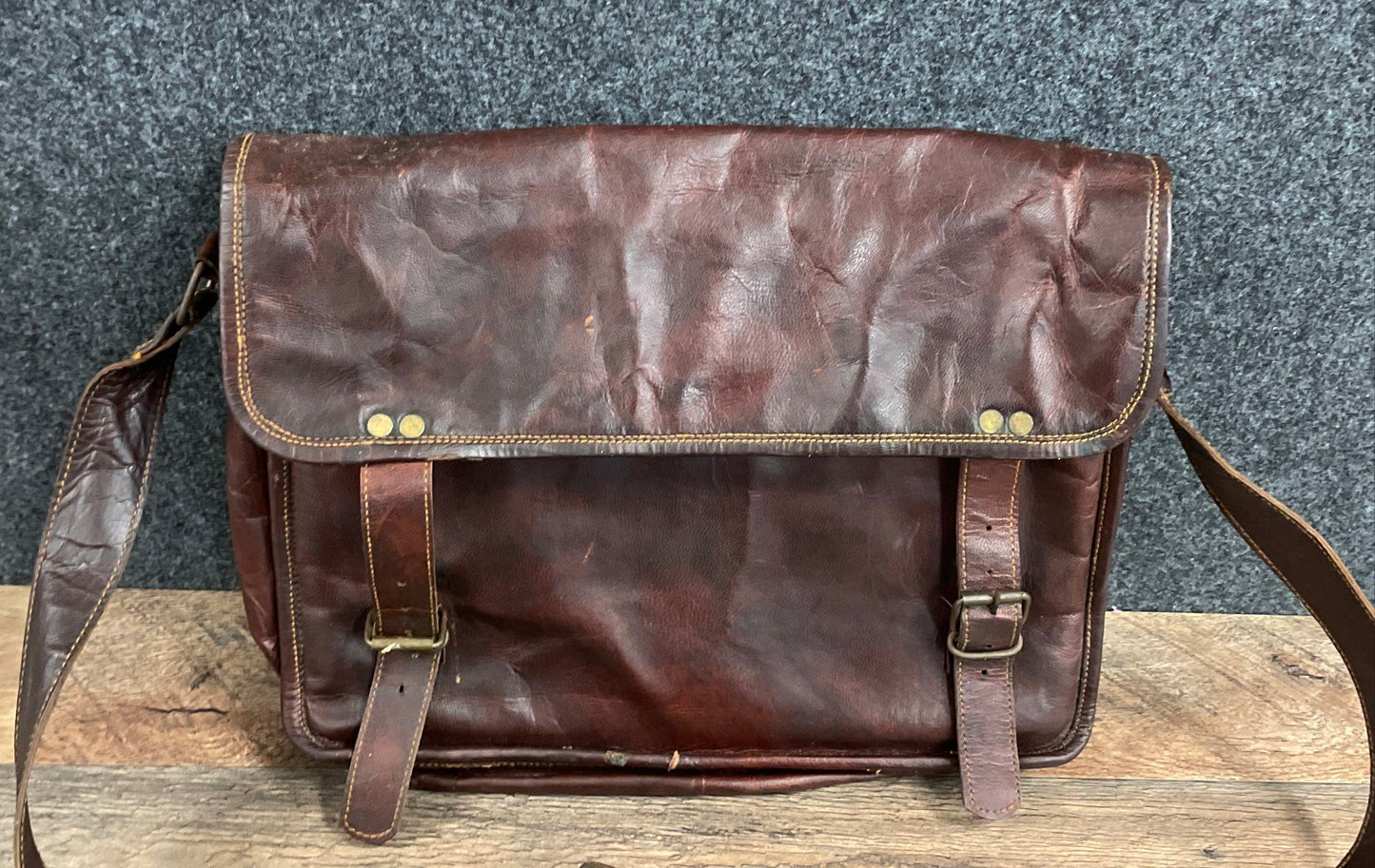 Vintage Brown Leather Messenger Bag Satchel Crossbody Large Brass Hardware