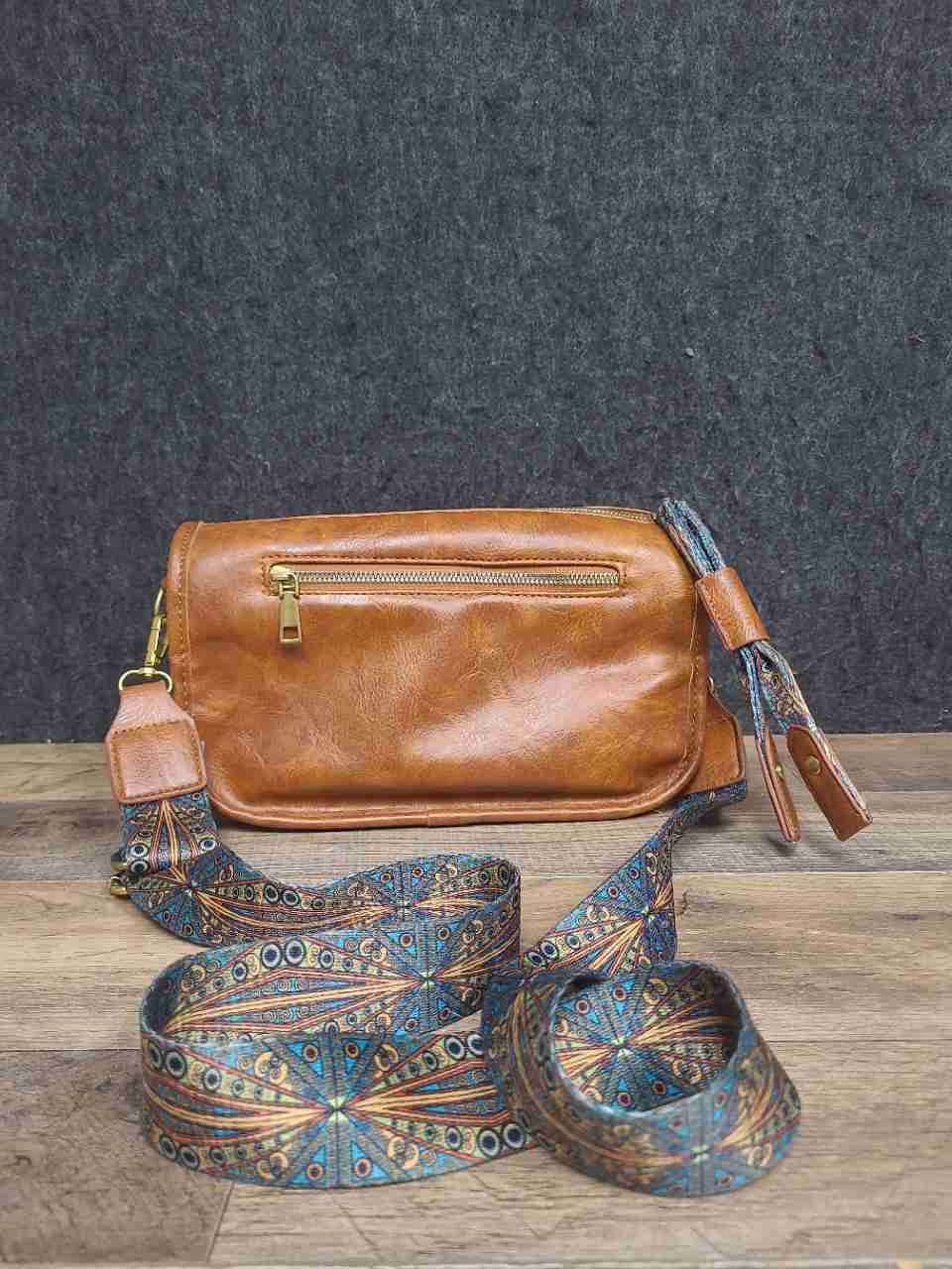 Tan Faux Leather Crossbody Bag with Colorful Patterned Guitar Strap Gold Tone