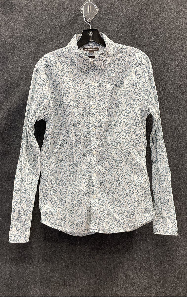 Michael Kors Men's White Aqua Blue Floral Print Slim Fit Button Down Shirt Sz M