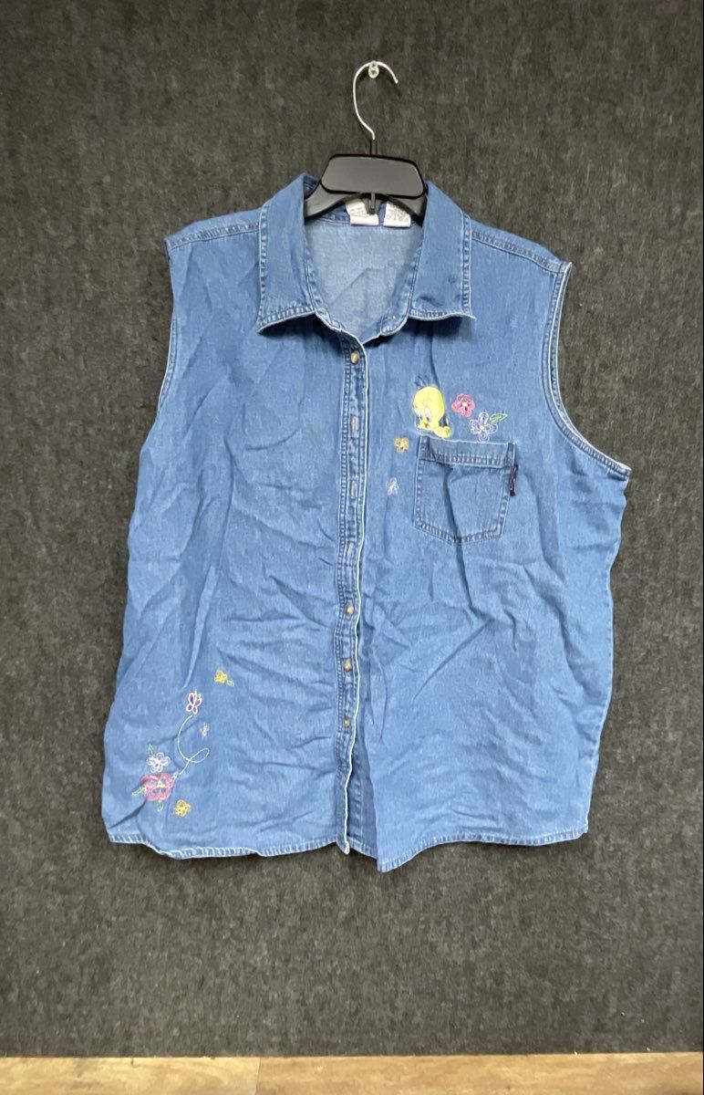 Vintage Looney Tunes Women's Blue Tweety Bird Embroidered Denim Vest 22W/24W