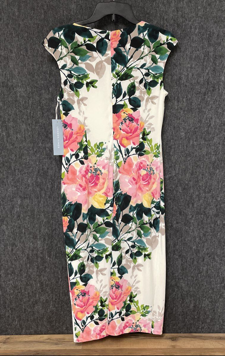 London Times Women's White Pink Floral Cap Sleeve Sheath Dress Sz 4 NWT