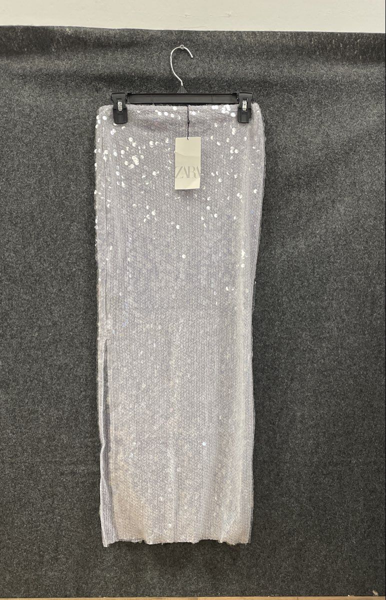 Zara Women's Silver Sequin Mesh Maxi Skirt Embellished Side Slit NWT Sz M