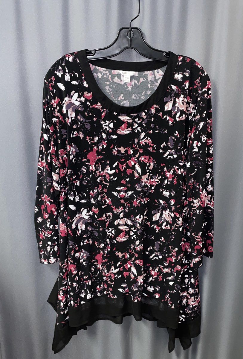 Cato Women's Long Sleeve Tunic Black Pink Floral Sharkbite Hem Plus Sz 14/16W