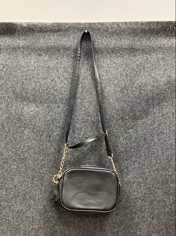 bebe Black Faux Leather Camera Crossbody Bag Gold Logo Rhinestone Charm