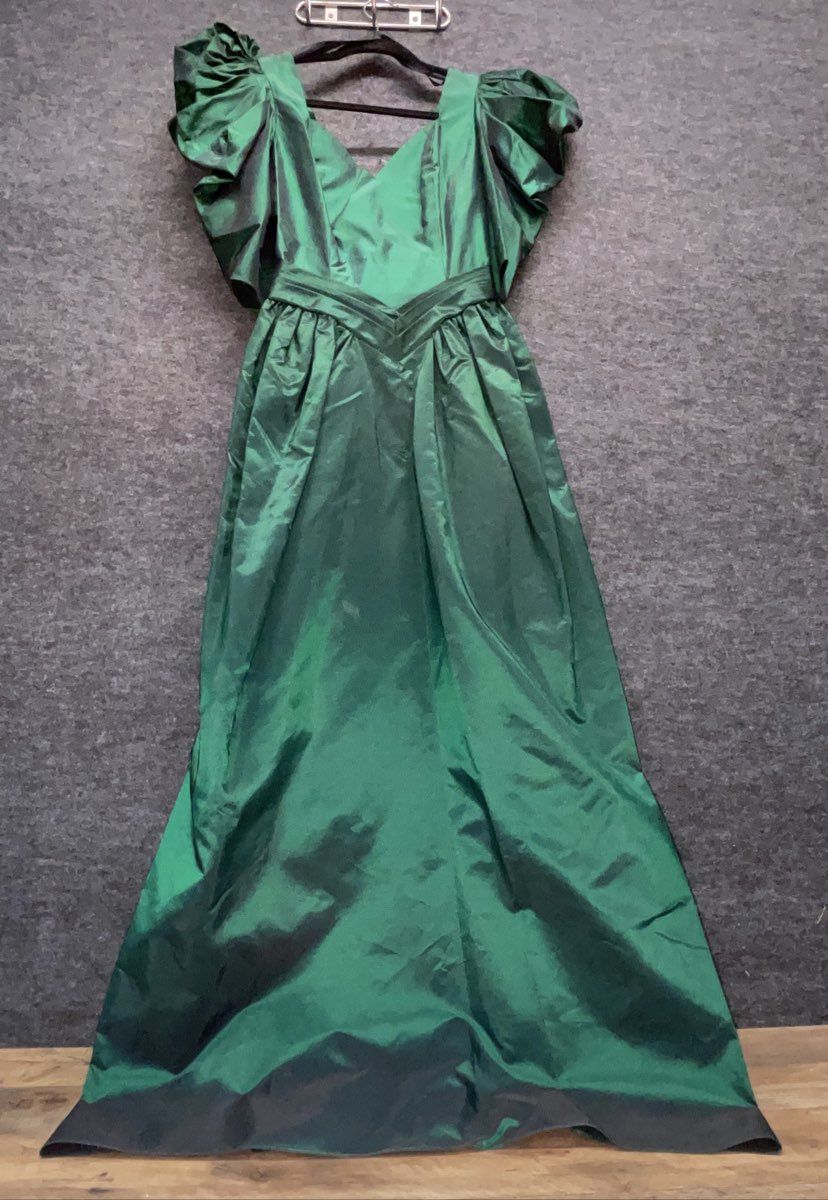 Vintage 80s Emerald Green Taffeta Puffy Sleeve Bow Back Formal Prom Gown Sz M