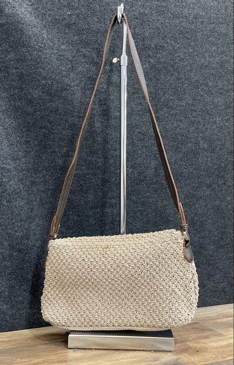 Unbranded Grey Woven Flap Shoulder Bag Brown Strap Blue Interior