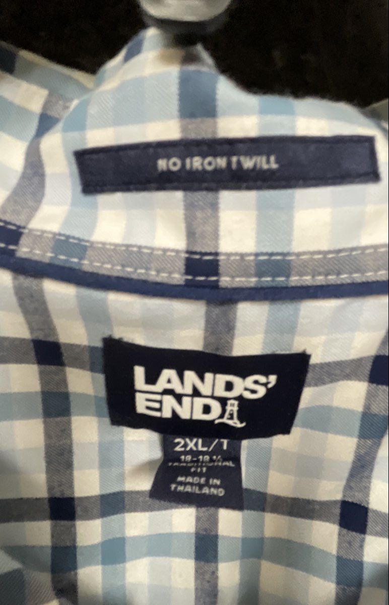 Lands' End Men's Blue White Plaid No Iron Twill Button Down Shirt Sz 2XL Tall