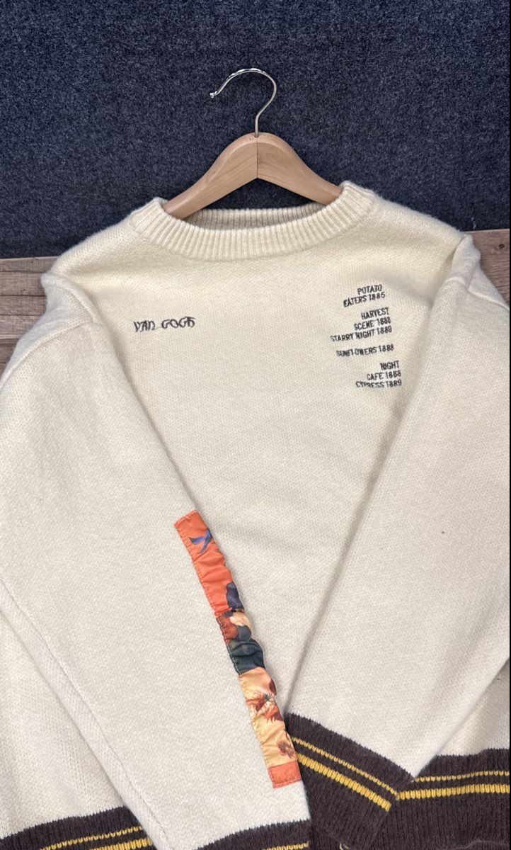 Aelfric Eden Mens Van Gogh Sunflowers Knit Sweater Cream Embroidered Patch Sz XL