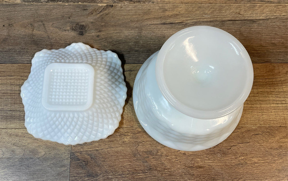 Pressed Milk Glass White Lot 2 Lidded Candy Dish & Small Ruffled Bowl Vintage