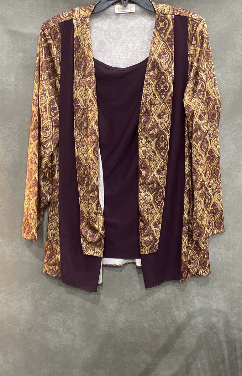 Roaman's Women's Purple Brown Metallic Paisley Cardigan Tank Set