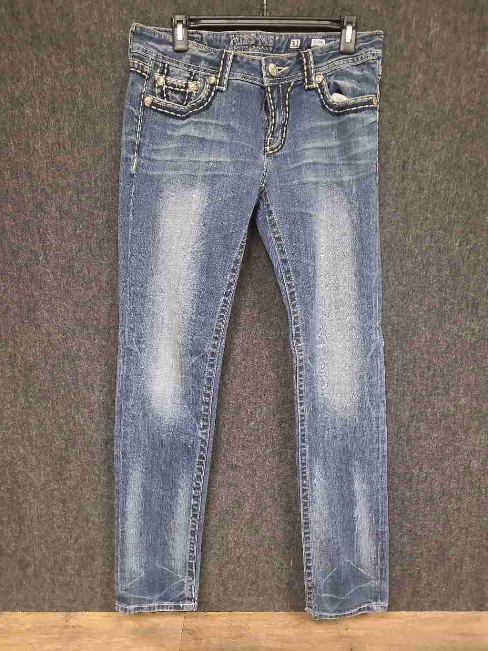 Miss Me Women's Sunny Skinny Jeans Blue Embellished Pockets Heavy Stitch Sz 31