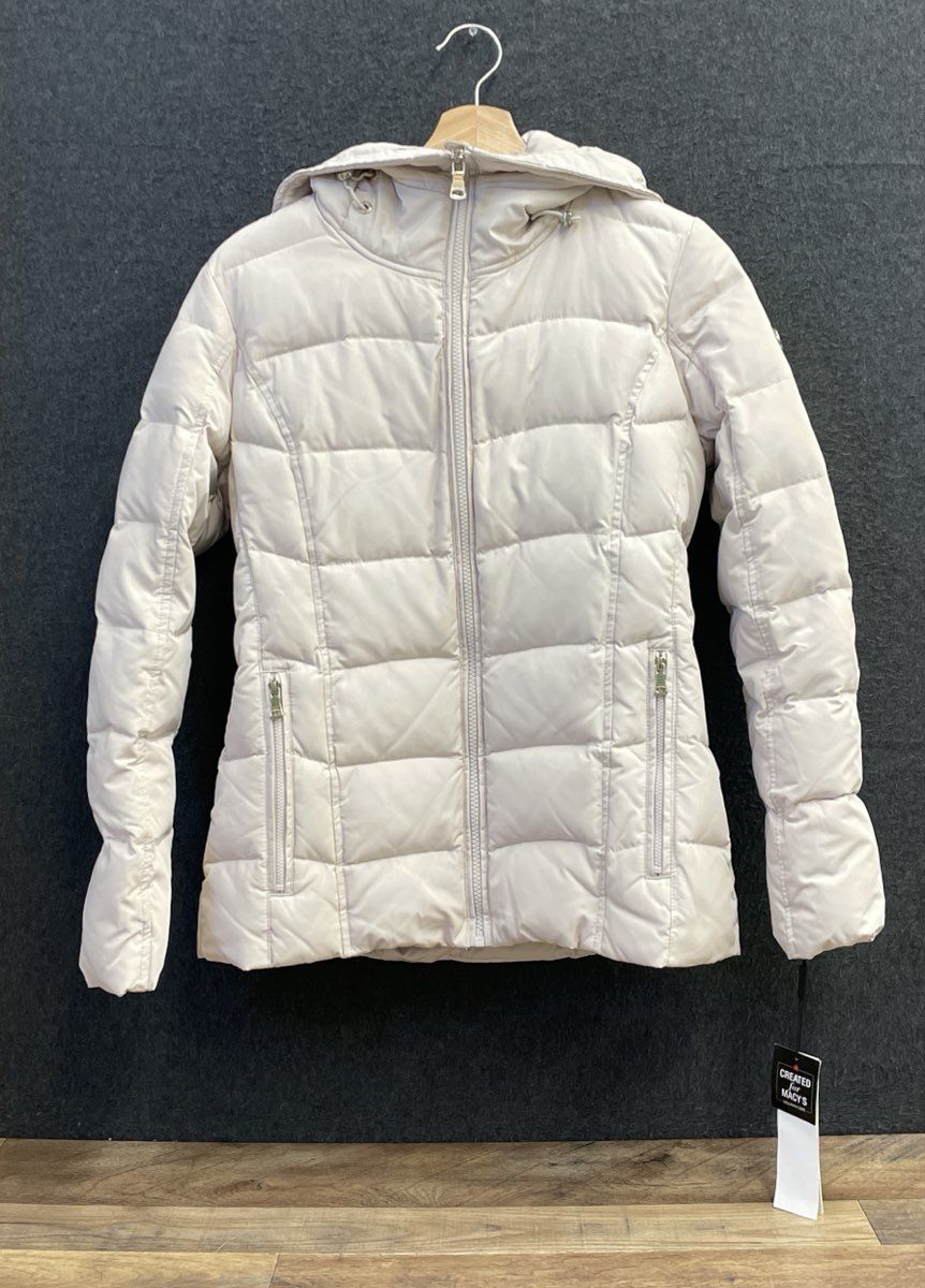 Calvin Klein Women's Off-White Quilted Hooded Down Blend Puffer Coat Sz XXS NWT
