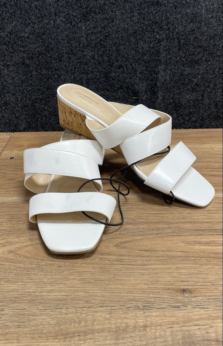 Liz Claiborne White Triple Strap Cork Wedge Sandals Memory Foam Size 10W NWT