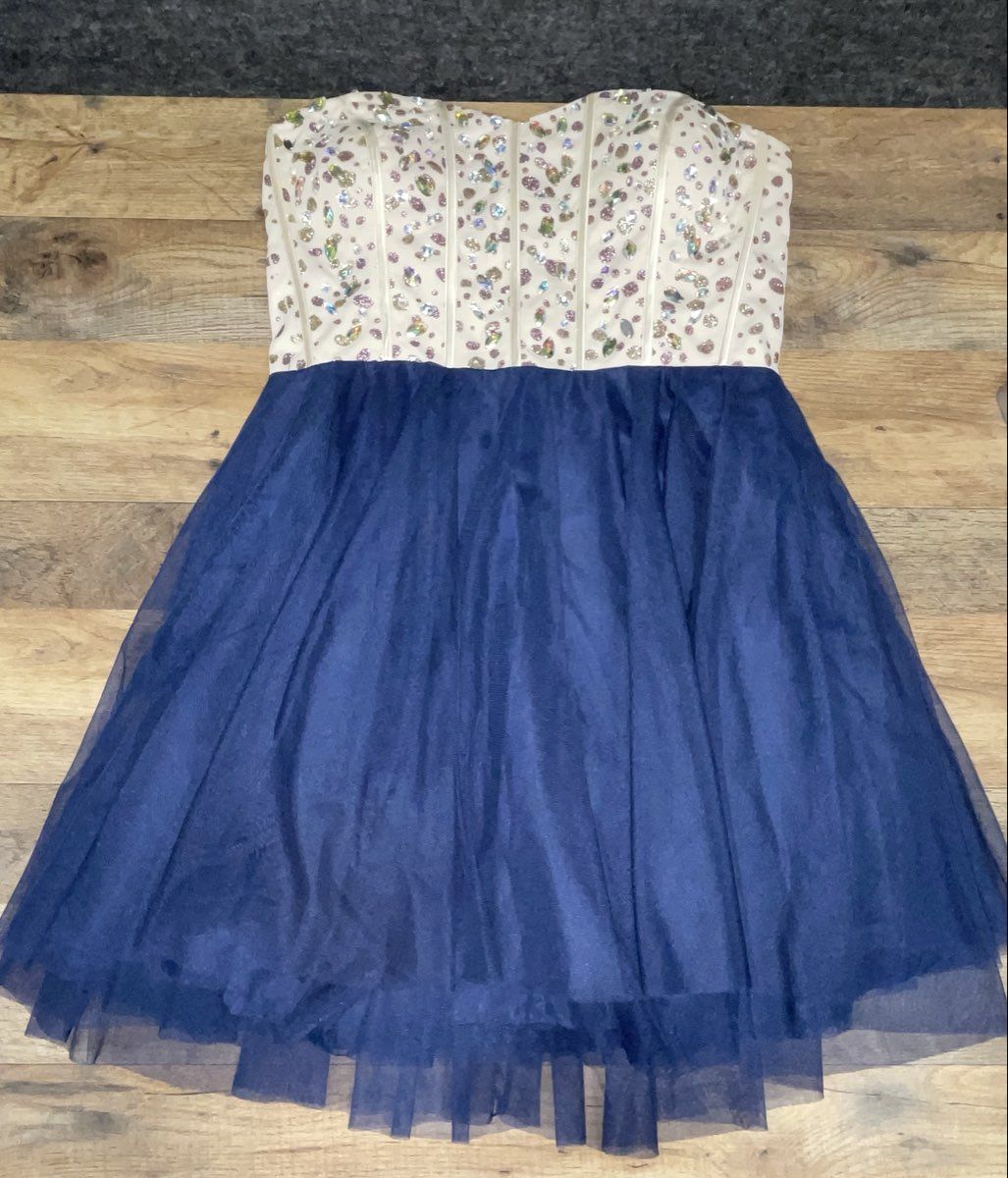Women's Navy Blue Tulle Homecoming Dress Rhinestone Beaded Corset Bodice Sz M