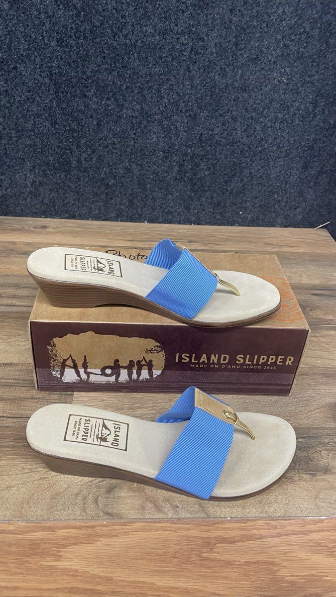 Island Slipper T810 Blue Gold Elastic Thong Wedge Sandals Women's Size 10