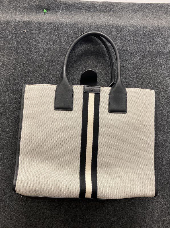 DKNY Tan Black Striped Canvas Tote Bag Large Saffiano Leather Trim