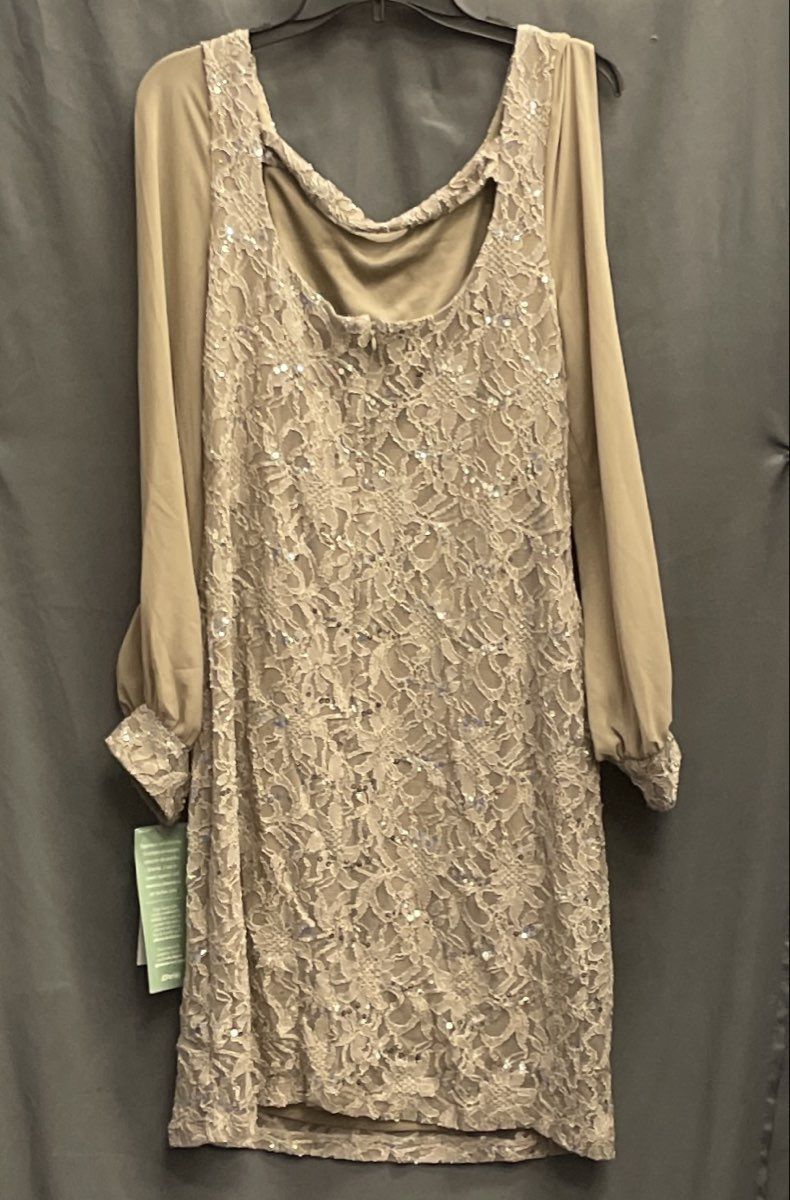 Scarlett Women's Taupe Lace Sequined Sheer Sleeve Cocktail Dress Sz 16T NWT
