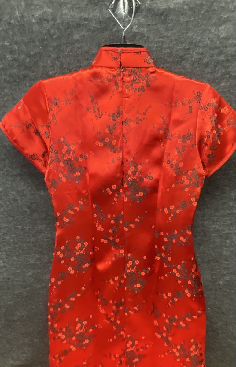 Tangyu Women's Red Floral Satin Mandarin Collar Cheongsam Qipao Dress Size M