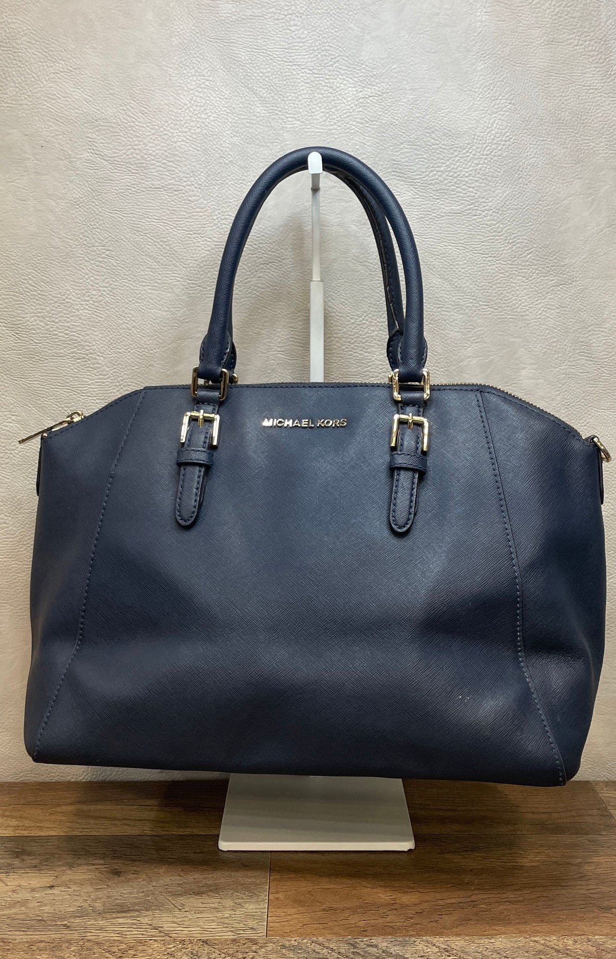 Michael Kors Navy Blue Saffiano Leather Satchel Handbag Gold Hardware