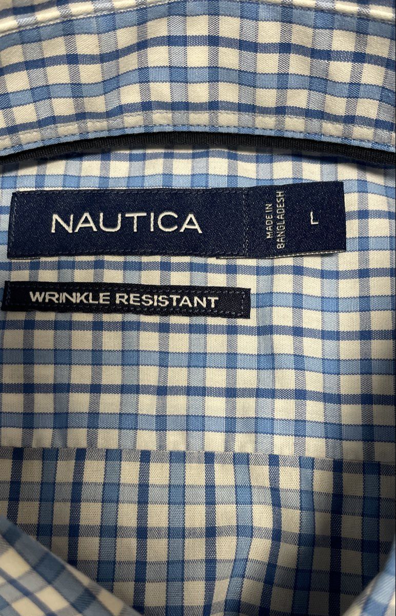 Nautica Men's Blue White Gingham Check Button Down Wrinkle Resistant Shirt Sz L