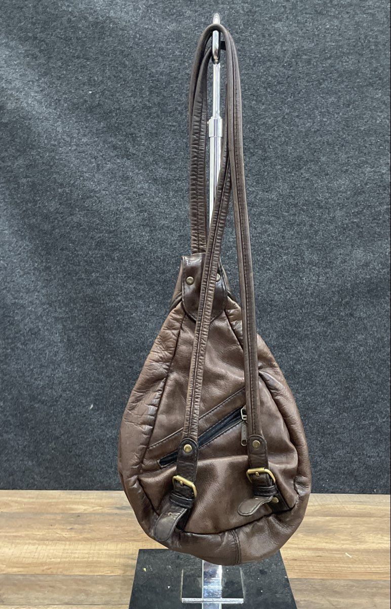 Vintage 90s Tanner West Brown Leather Teardrop Sling Crossbody Sash Bag