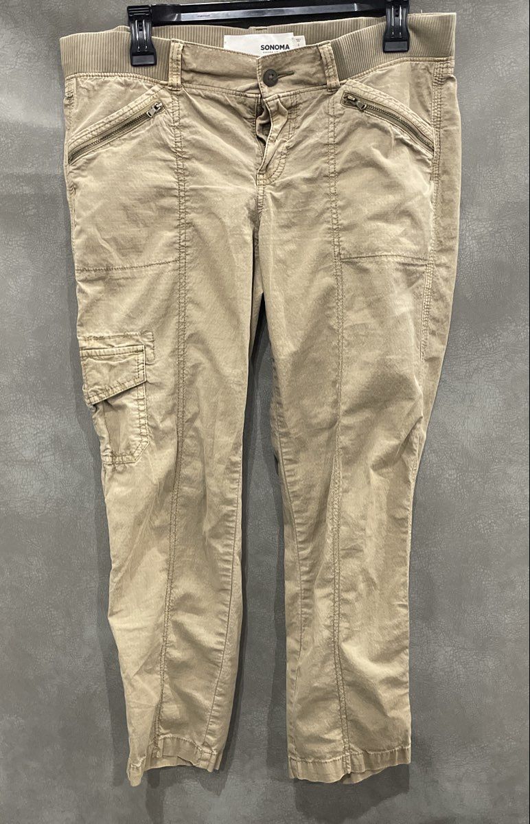 Sonoma Women's Tan Khaki Cargo Utility Pants Ribbed Waist Stretch Sz 4