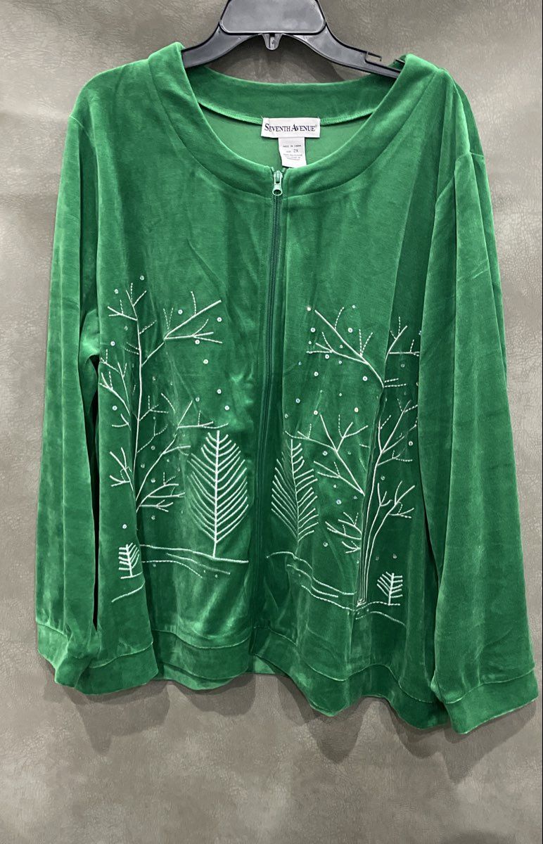 Seventh Avenue Women's Green Velour Full Zip Embroidered Sequin Jacket Sz 2X