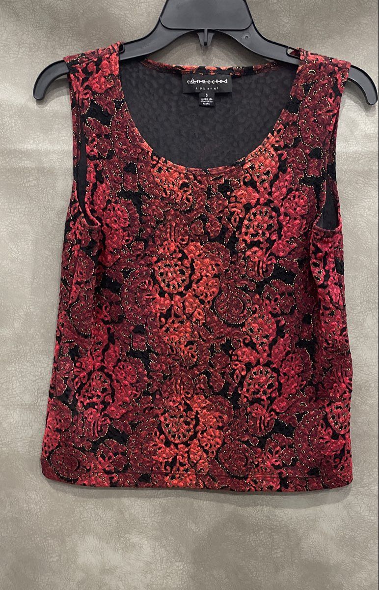 Vintage Y2K Connected Apparel Women's Red Gold Metallic Floral Textured Top Sz S