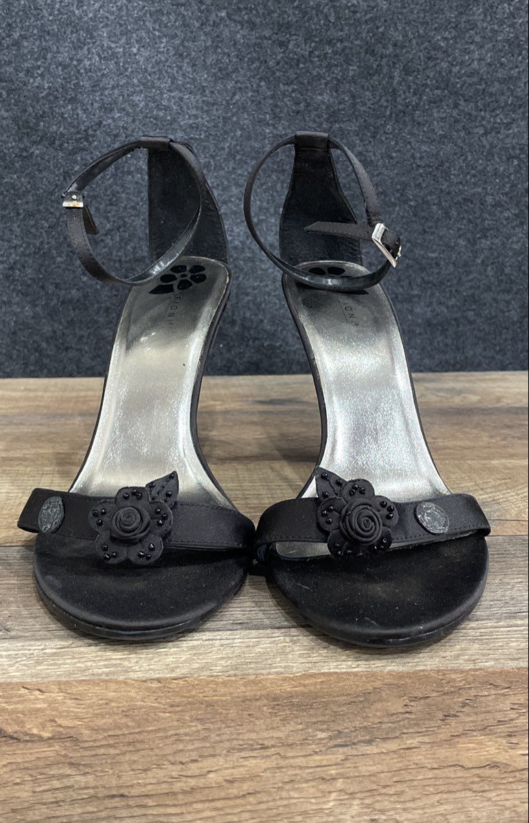 Fioni Black Floral Embellished Ankle Strap High Heel Sandals Size 9.5