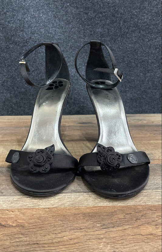 Fioni Black Floral Embellished Ankle Strap High Heel Sandals Size 9.5