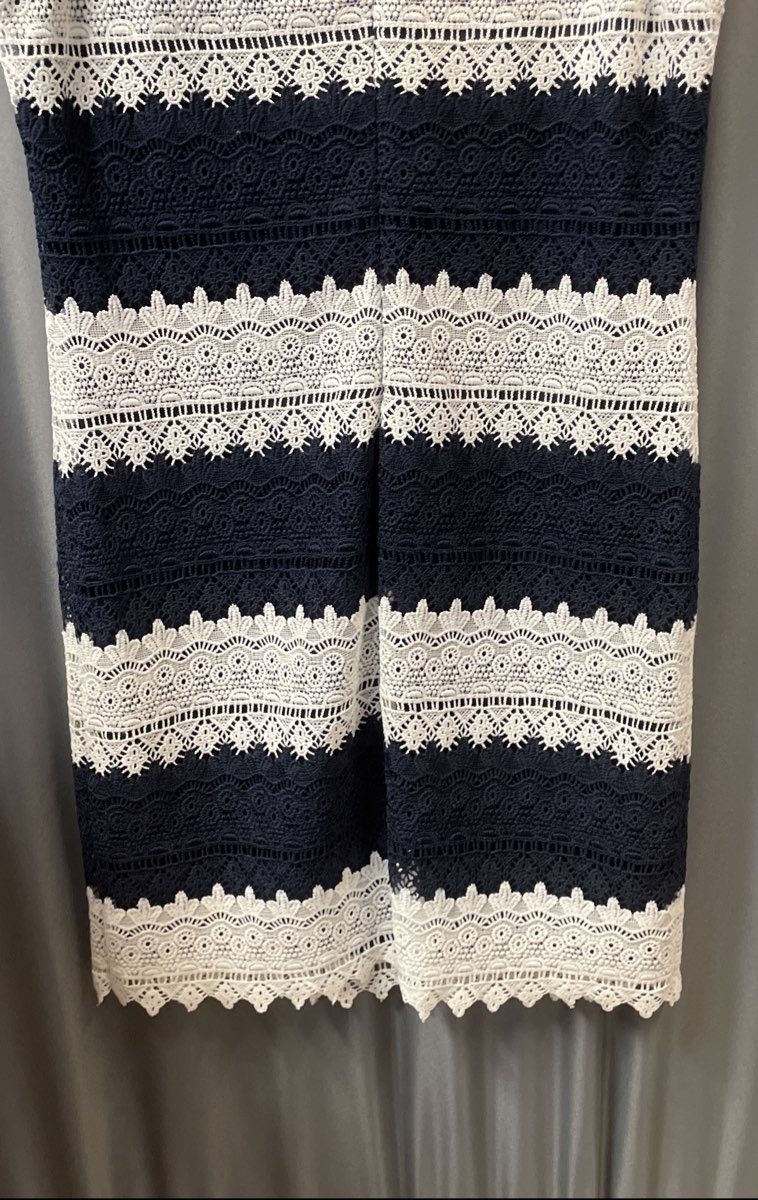 Karl Lagerfeld Paris Women's Navy Blue White Striped Lace Crochet Dress Sz 10