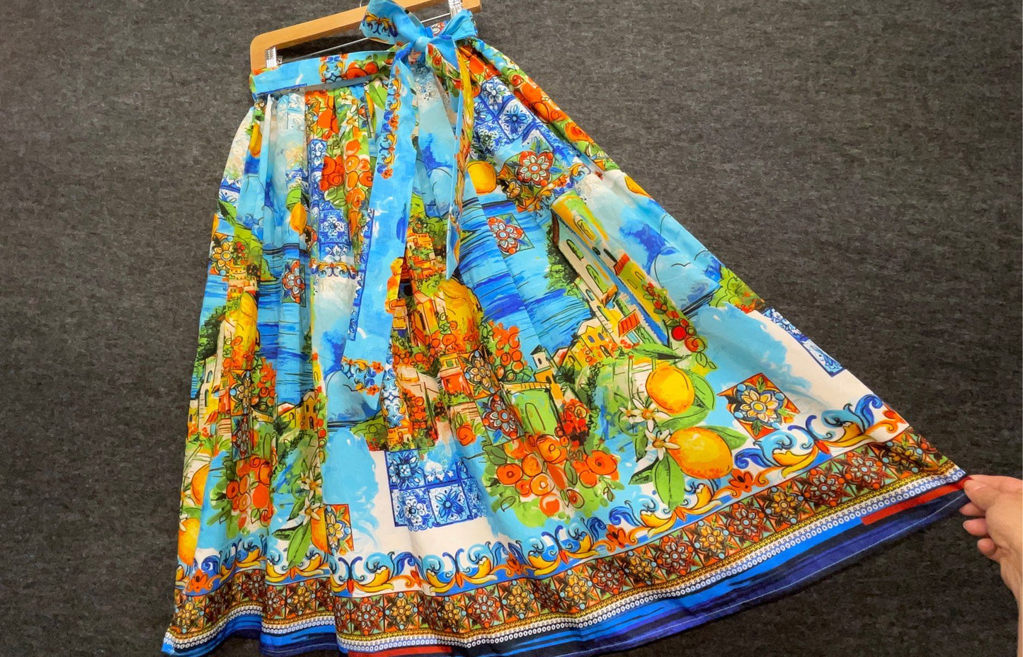 Women's Blue Majolica Mediterranean Lemon Print Pleated Midi Skirt Tie Waist