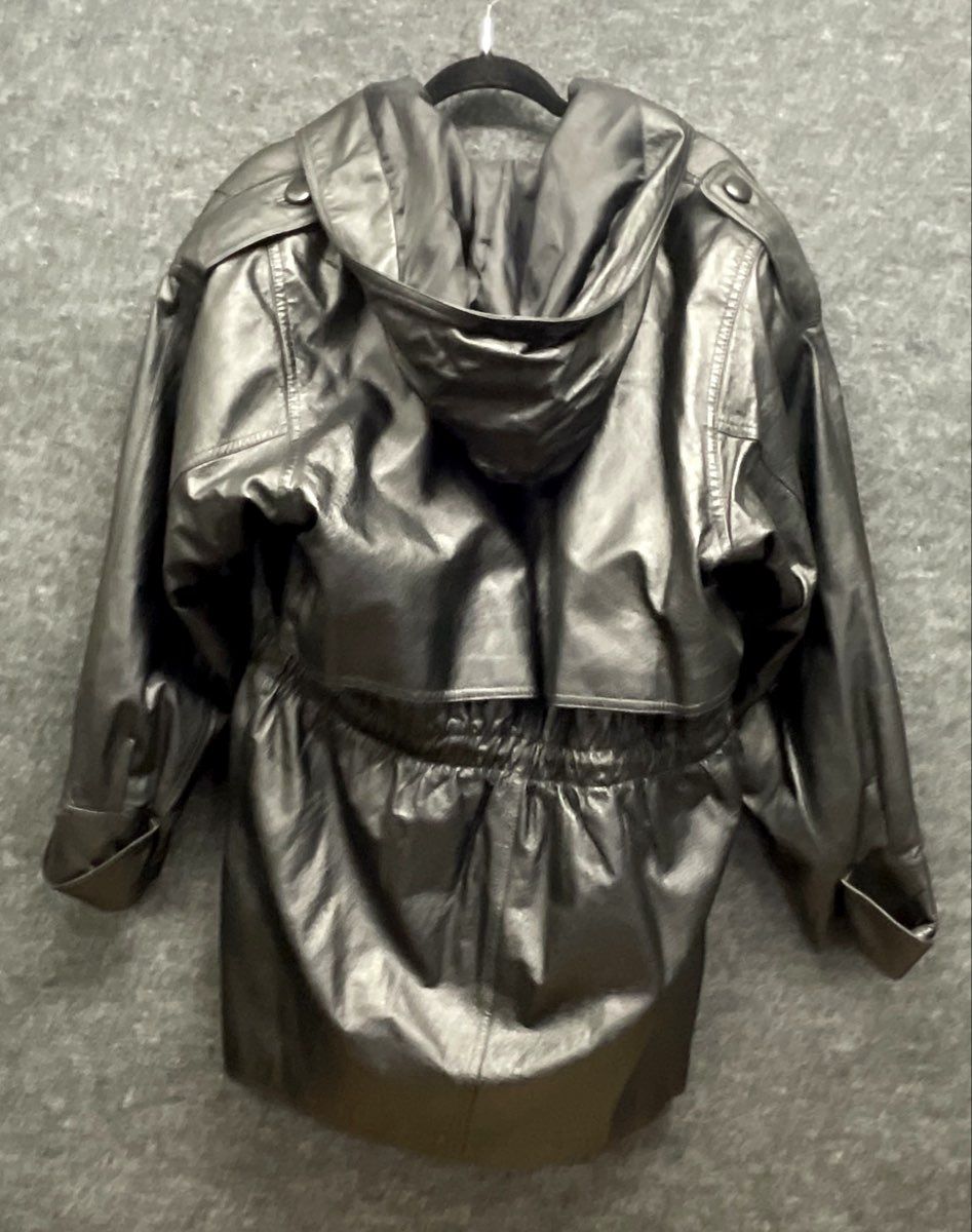 Vintage 90s Fitz Wright Women's Black Hooded Leather Parka Coat Sz L