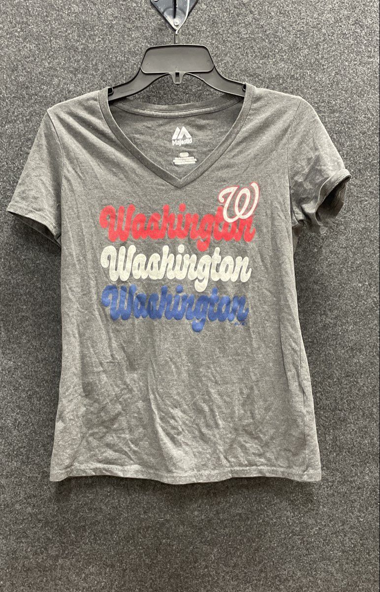Majestic Women's Washington Nationals MLB V-Neck Graphic T-Shirt Gray Sz S