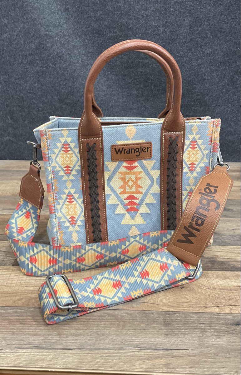 Wrangler Aztec Southwestern Canvas Tote Bag Crossbody Blue Guitar Strap